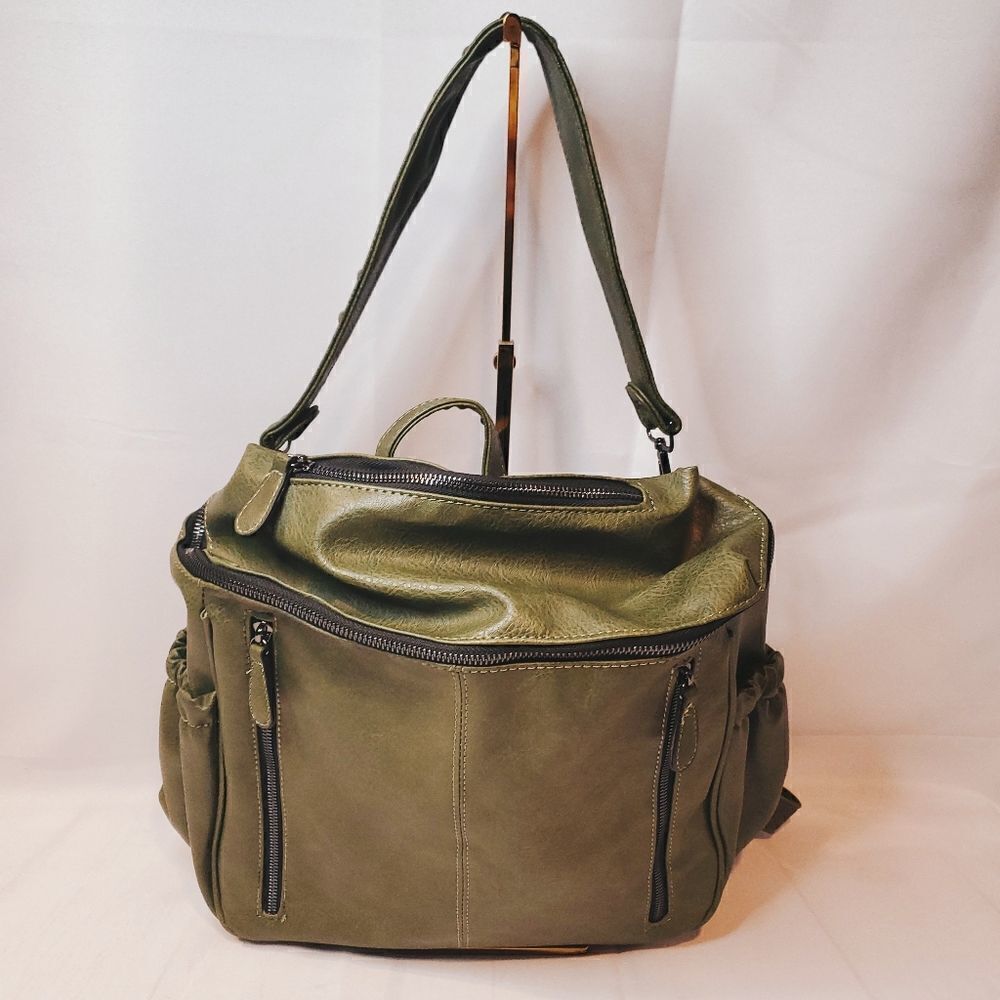 ROULENS Army Green Faux Leather Backpack Shoulder Bag